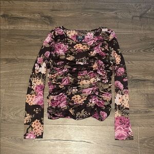 Maeve Black, Pink & Purple Floral Print Ruched Long Sleeve Top, Size Medium